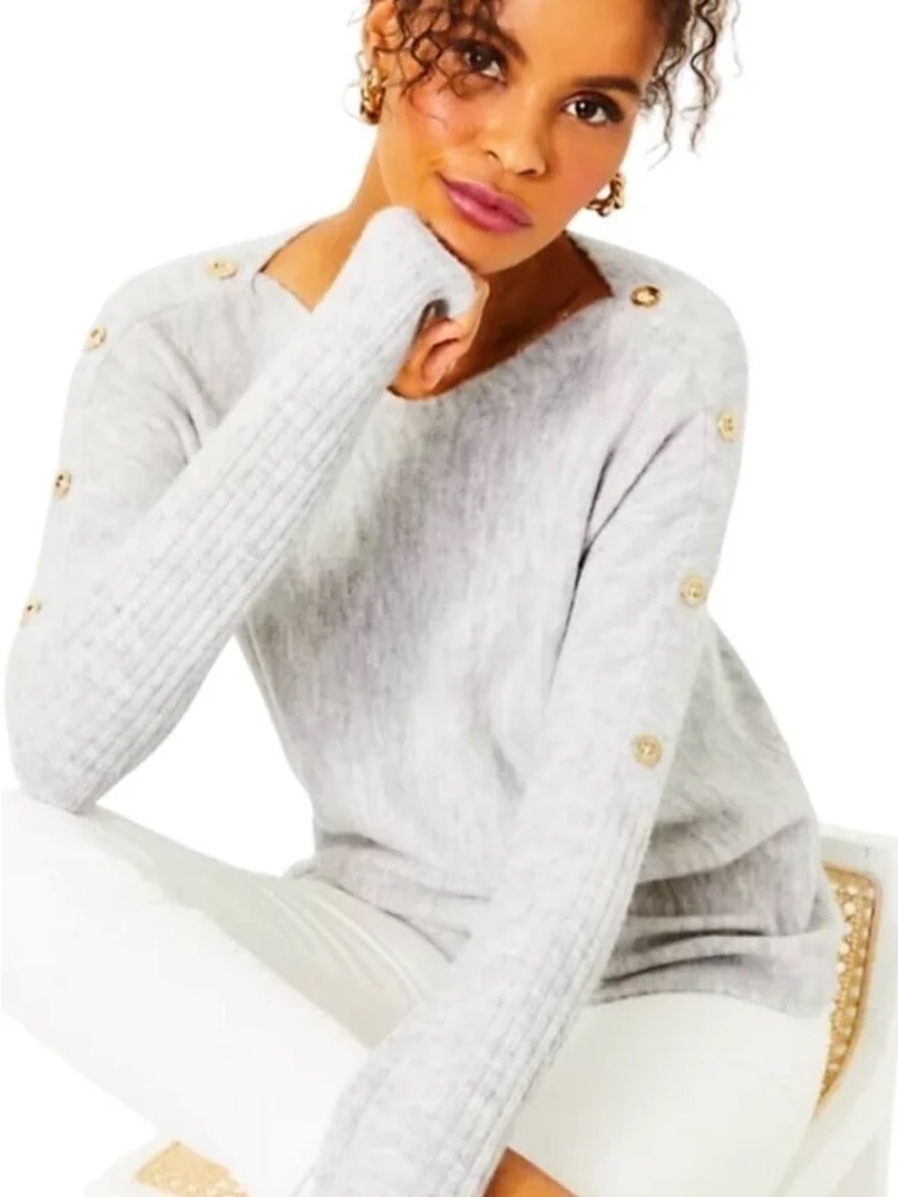 Lilly Pulitzer Light Gray Crewneck Sweater with Gold Buttons